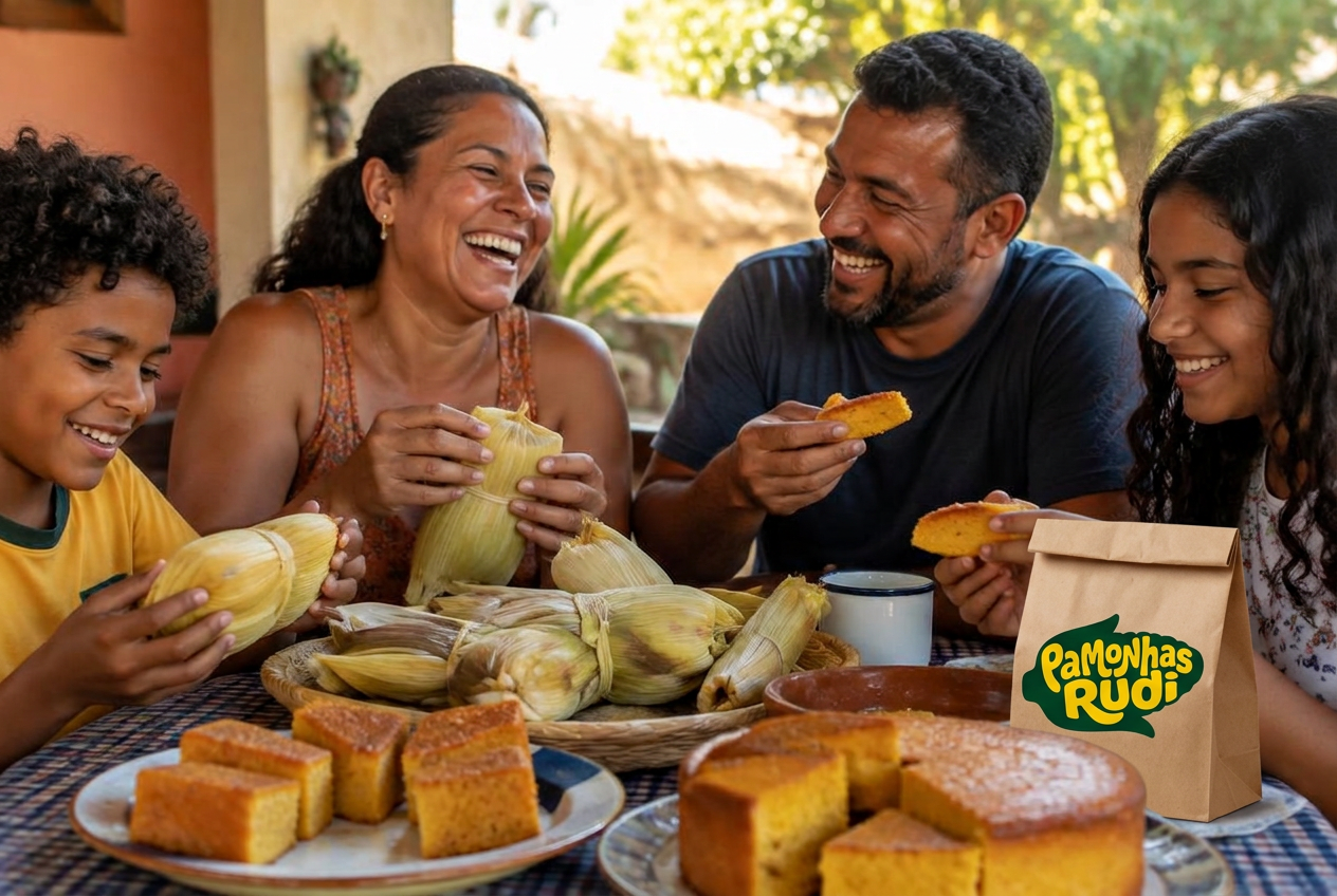 Família comendo pamonhas e bolo de milho