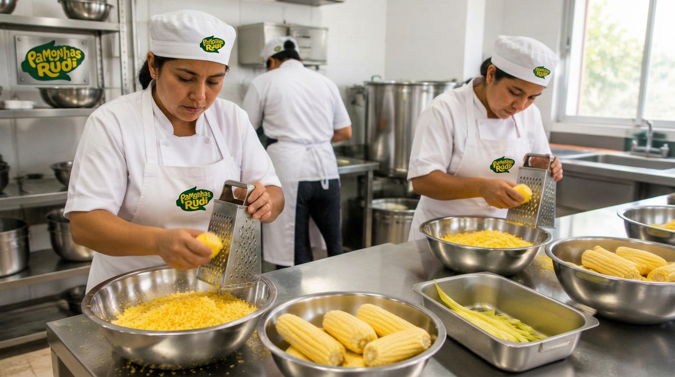 Equipe ralando milho na produção